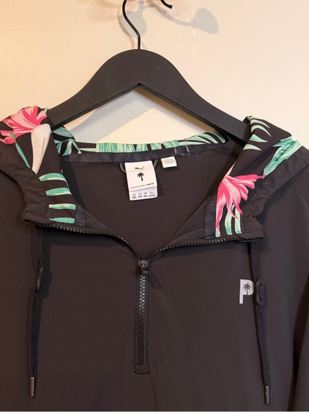 PUMA Palm Tree Crew Hoodie Pullover 1/4 Zip Black Floral Men's XXL Hooded Pocket - Picture 2 of 11